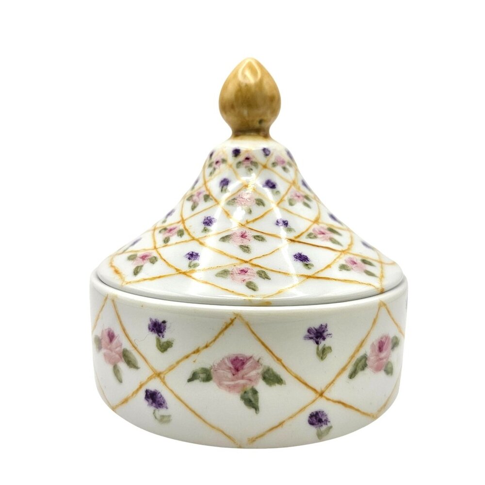 Hand-Painted Floral Porcelain Trinket Box With Gold Accents & Lid